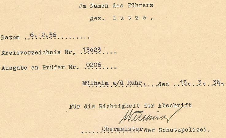 SA award document Hauptwachtmeister Schutzpolizei 1936 Mülheim - Image 3