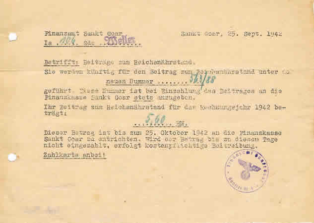 Document Reichsnährstand Sankt Goar 1942