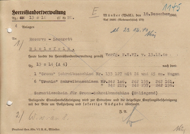 Document 1940 delivery type writers Lazarett Bielefeld