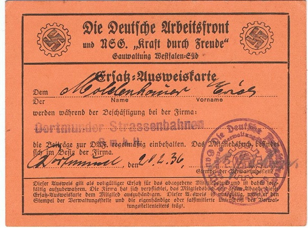 DAF memberships card Gau Westfalen-Süd tram service Dortmund