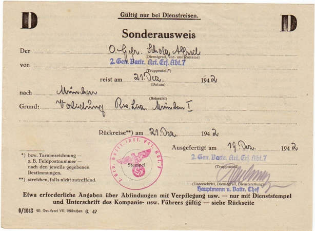 Special permit Sonderausweiss corporal Artillery 1942 Munich