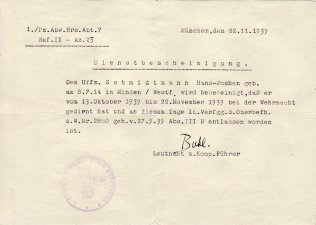 Discharge document Panzer-Abwehr-Ers.Abt.7 Munich 1939