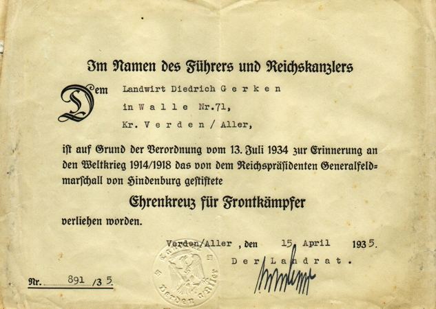 Hindenburg Cross for WW1 combatants farmer Verden 1935