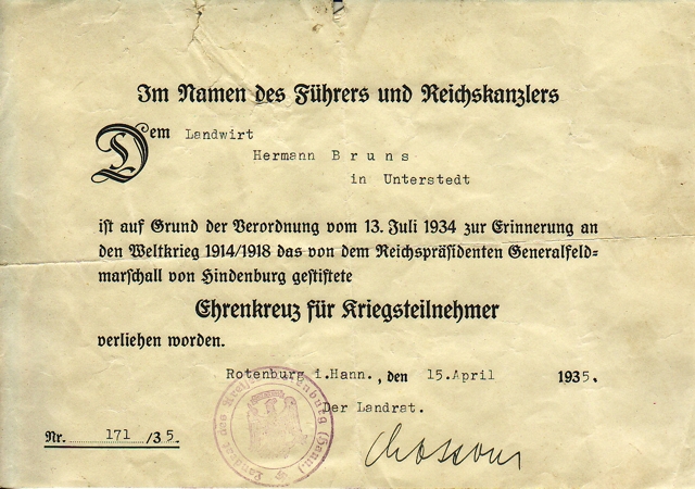 Hindenburg Cross for WW1 non-combatants 1935 Unterstedt