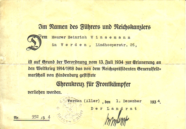 Hindenburg Cross for WW1 combatants brick layer Verden 1934