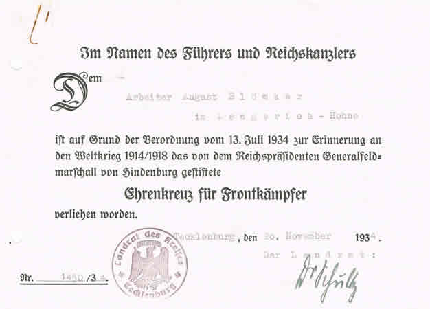 Hindenburg Cross for WW1 combatants 1934 Tecklenburg