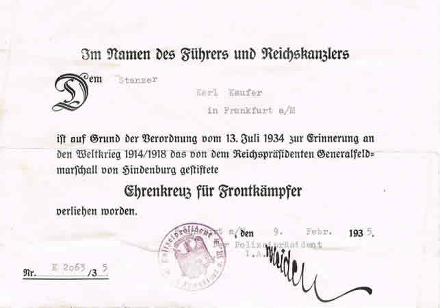 Hindenburg Cross for WW1 combatants 1935 Frankfurt