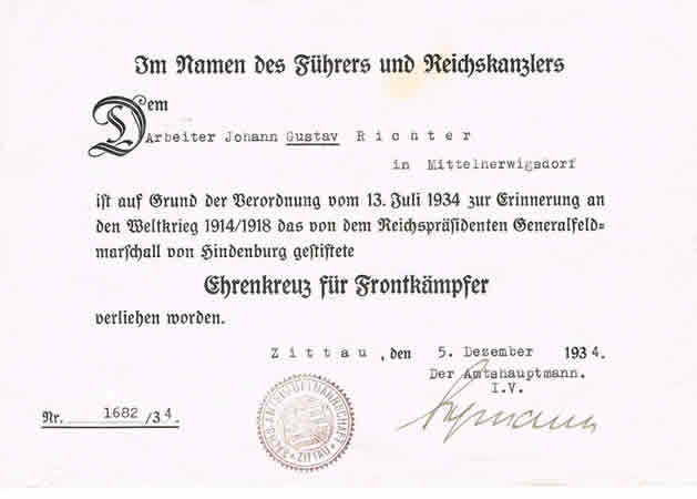 Hindenburg Cross for WW1 combatants 1934 Zittau