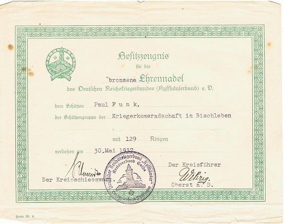 Bronzene Ehrennadel Kyffhäuserbund 1937 Bischleben