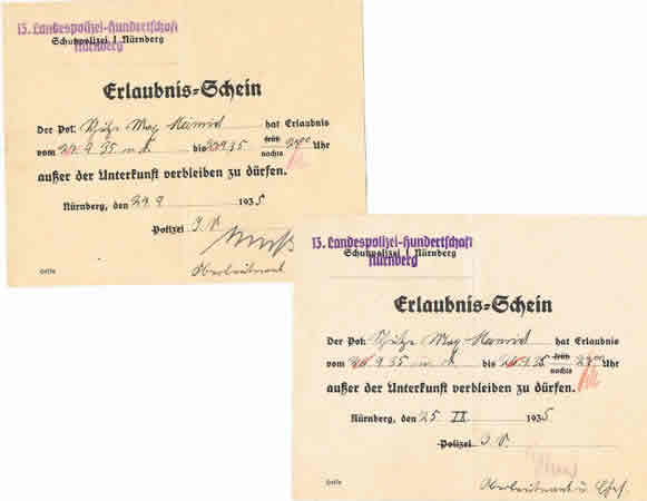Two permits Landespolizei Nünberg 1935