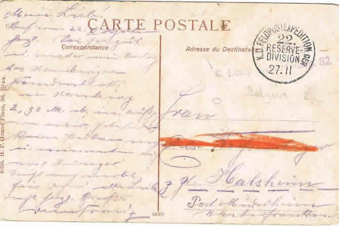 Fieldpost card Bruxelles Belgium IR82 22.Reserve-Division - Image 2