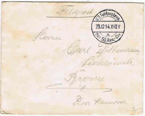 Fieldpost envelope Musketier 50.Reserve-Division IR231 1914