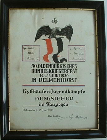 Framed certificate Delmenhorst 1930 Kyffhäuser-Jugend