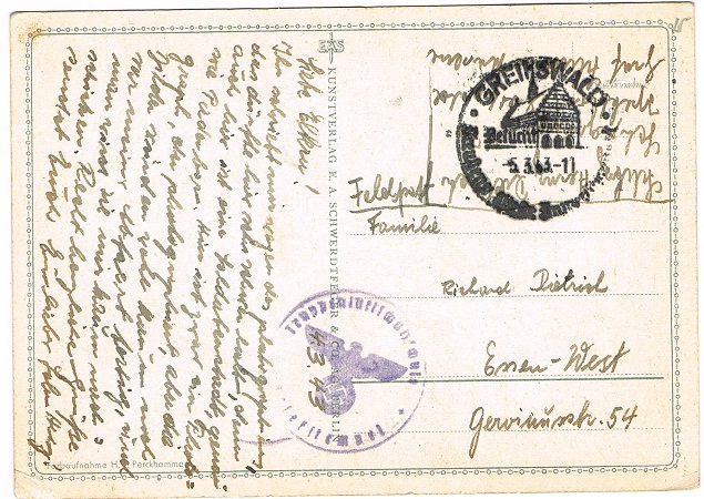 Kreigsmarine postcard fieldpost 1943 Luftschutzschule Greifswald - Image 2