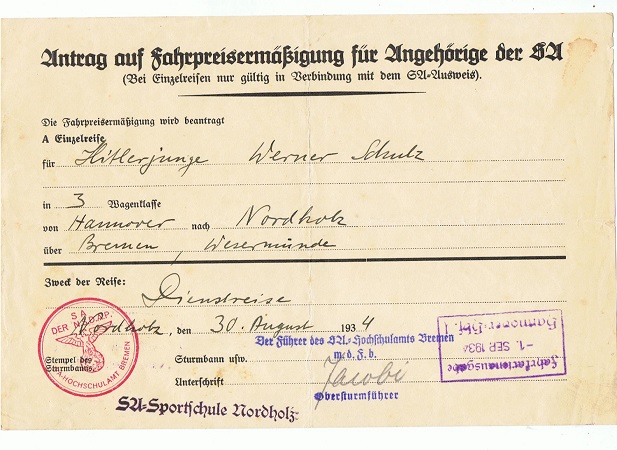 SA document train ticket reduction HJ boy SA-Sportschule 1934