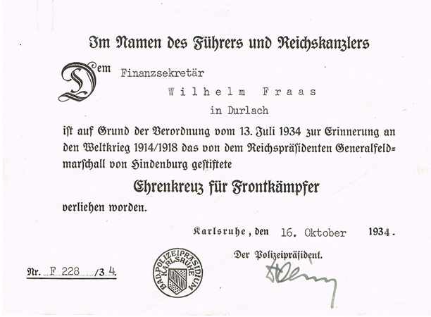 Hindenburg Cross for WW1 combatants 1934 Finanzsekretär Durlach