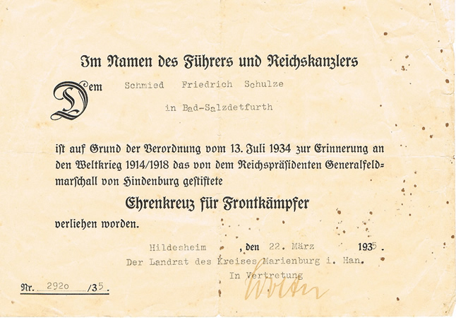 Hindenburg Cross for WW1 combatants 1935 blacksmith