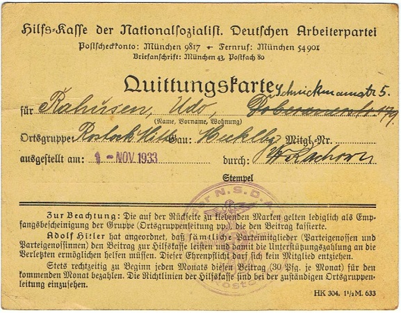 NSDAP Quittungskarte contribution card Rostock 1933