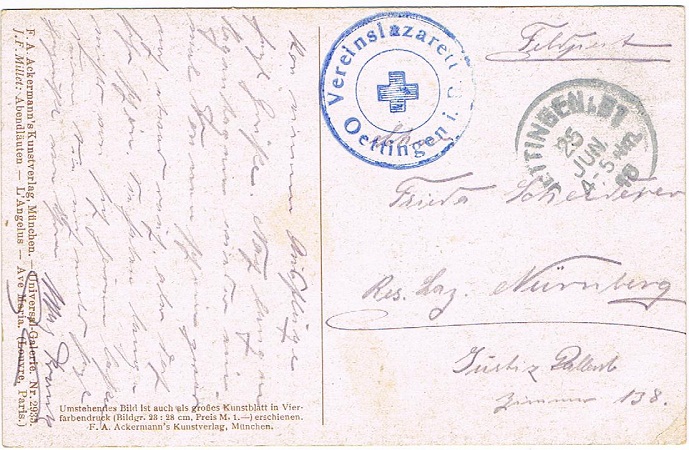 Fieldpost card military hospital Nürnberg / Oettingen 1918 - Image 2
