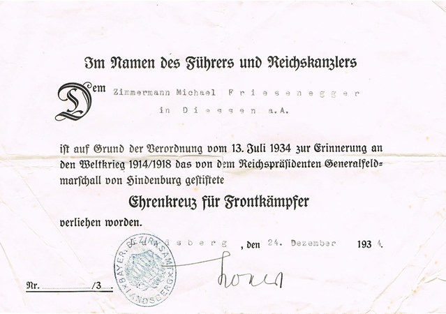 Hindenburg Cross for WW1 combatants 1934 Landsberg Diessen