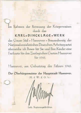 NSDAP Karl Dinklage Werk zoological garden ticket 1943