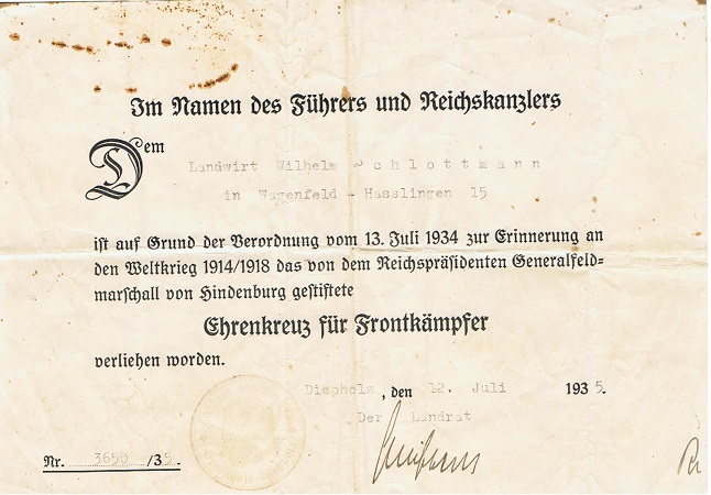 Hindenburg Cross for WW1 combatants 1935 farmer Diepholz