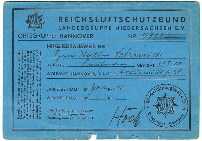 Luftschutzbund memberships card RLB Ortsgruppe Hannover