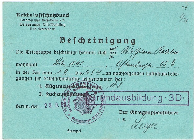 Luftschutz course participation card Berlin Wedding 1938