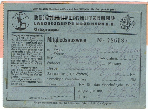 Luftschutz memberships card Hamburg 1934