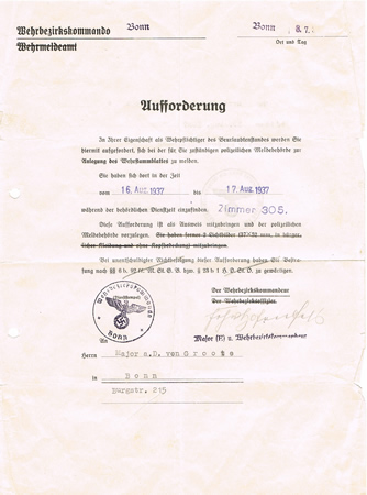 Call-up document Army District Bonn 1937 for a Major