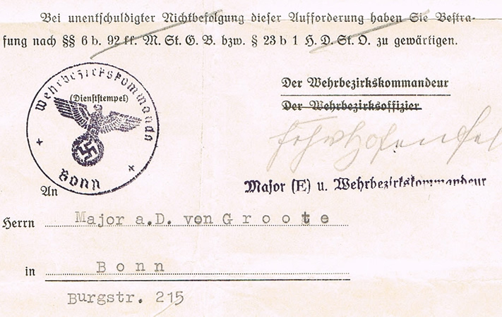 Call-up document Army District Bonn 1937 for a Major - Image 2
