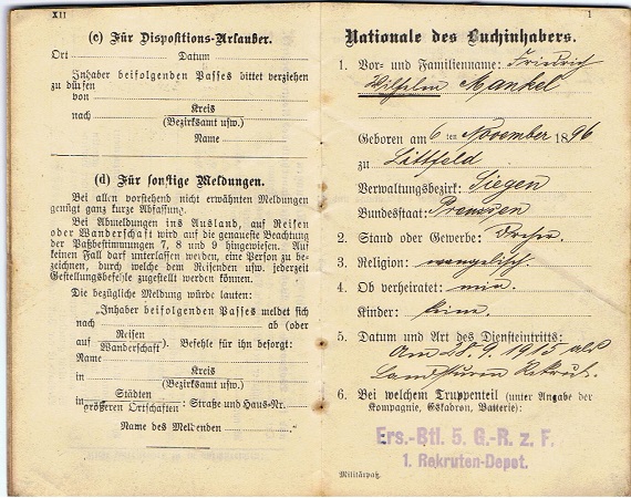 WW1 military pass Grenadier Infantry Eastern front 1916 - Image 3