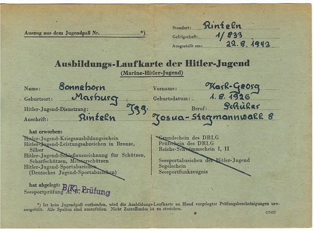 Marine-HJ Wehrertüchtigungs-Lager course card 1943