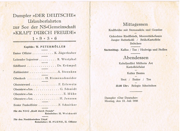 DAF KdF menu card steam ship "Der Deutsche" 1936 - Image 2