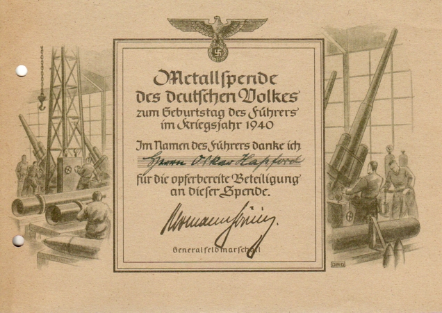 Certificate for the donation of metal 1940 #1