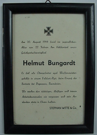 Framed death certificate Corporal Artillery KIA 1944 Rumania