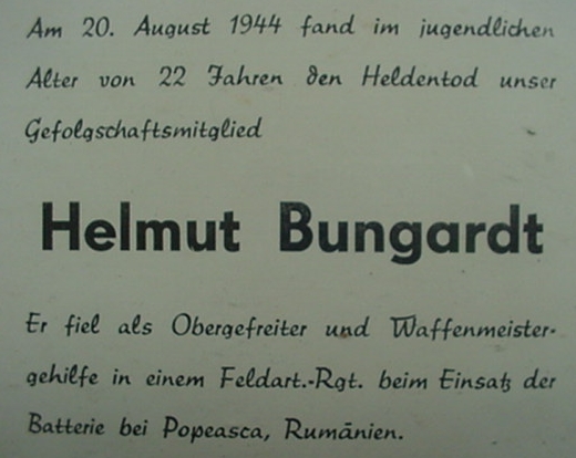 Framed death certificate Corporal Artillery KIA 1944 Rumania - Image 2