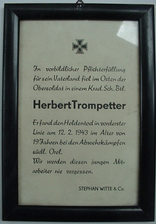 Framed death certificate soldier KIA 1943 Orel Russia