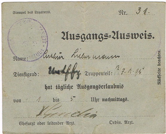 Military hospital leave id card NCO Infanterie-Regiment 95