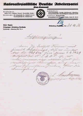 NSDAP membership statement Gau Kurmark 1936