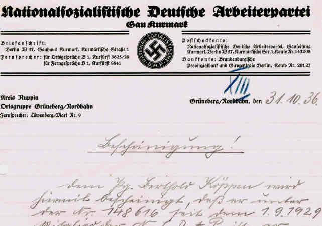 NSDAP membership statement Gau Kurmark 1936 - Image 2