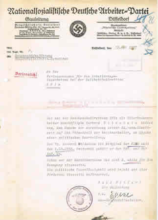 NSDAP Gauleitung Düsseldorf political conduct request 1937