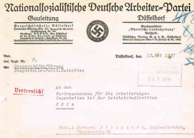 NSDAP Gauleitung Düsseldorf political conduct request 1937 - Image 2