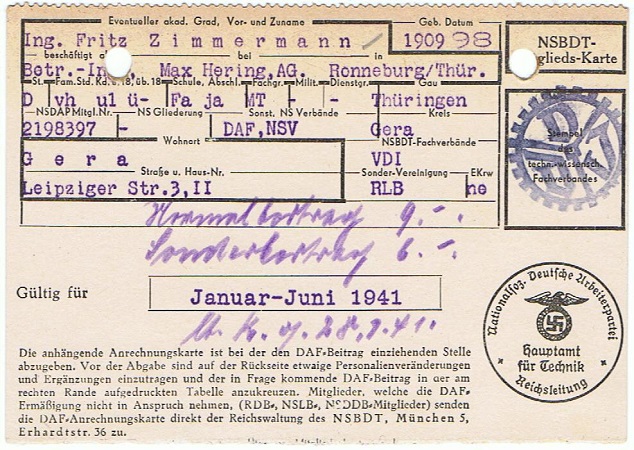 NS technic league NSBDT memberships card 1941