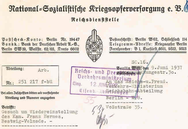 NSKOV document Berlin 1937 Vossstrasse Reichsbahn - Image 2