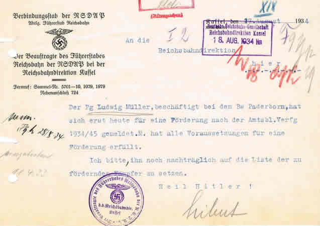 NSDAP letter Verbindungsstab der NSDAP Reichsbahn 1934