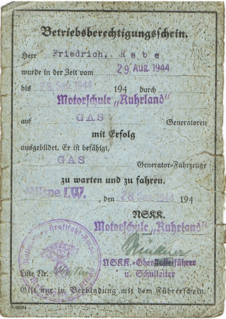 NSKK wood gas generator license 1944 Motorschule Ruhrland