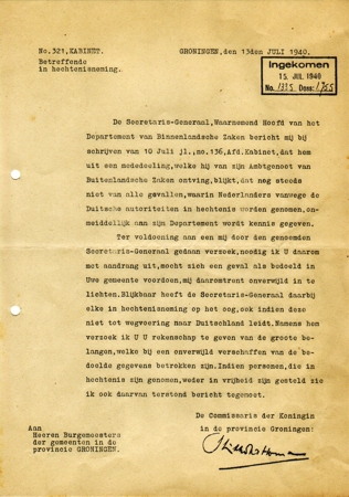 Dutch document concerning imprisonment and deportation 1940
