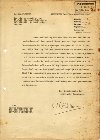 Dutch document concerning imprisonment 1940