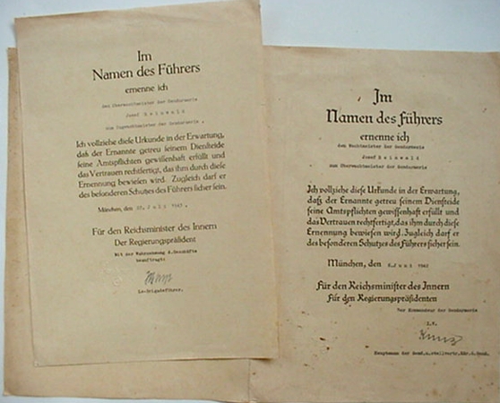 Promotion certificates Zugwachtmeister Gendarmerie 1942 1943